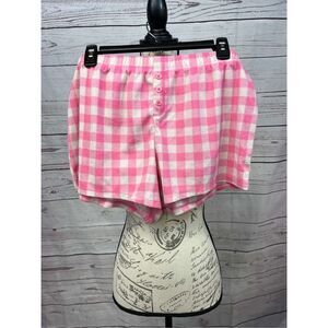 SO Womens Pink White Gingham Fleece Pajama Shorts Faux Button Fly New
